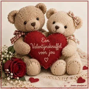 Twee kleine pluche beren houden samen een groot rood hart vast.