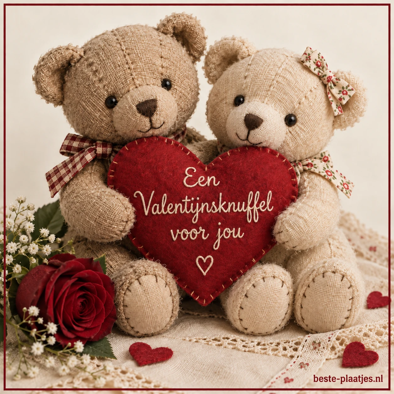 Twee kleine pluche beren houden samen een groot rood hart vast.