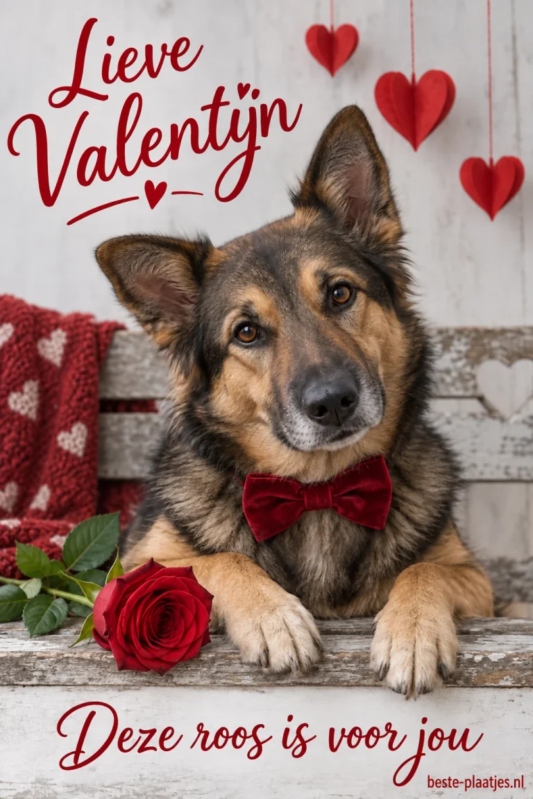 Een hond met een rode strik zit naast een enkele roos.