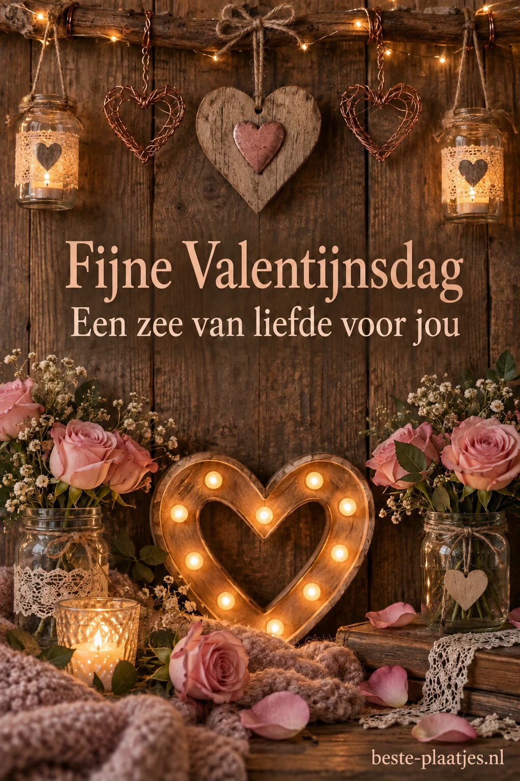 Warme lichtletters en bloemen staan voor een rustieke houten wand. Warme lichtletters en bloemen staan voor een rustieke houten wand.