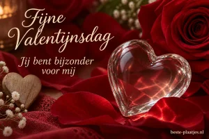 Een glazen hart staat tussen rijke rode rozen.