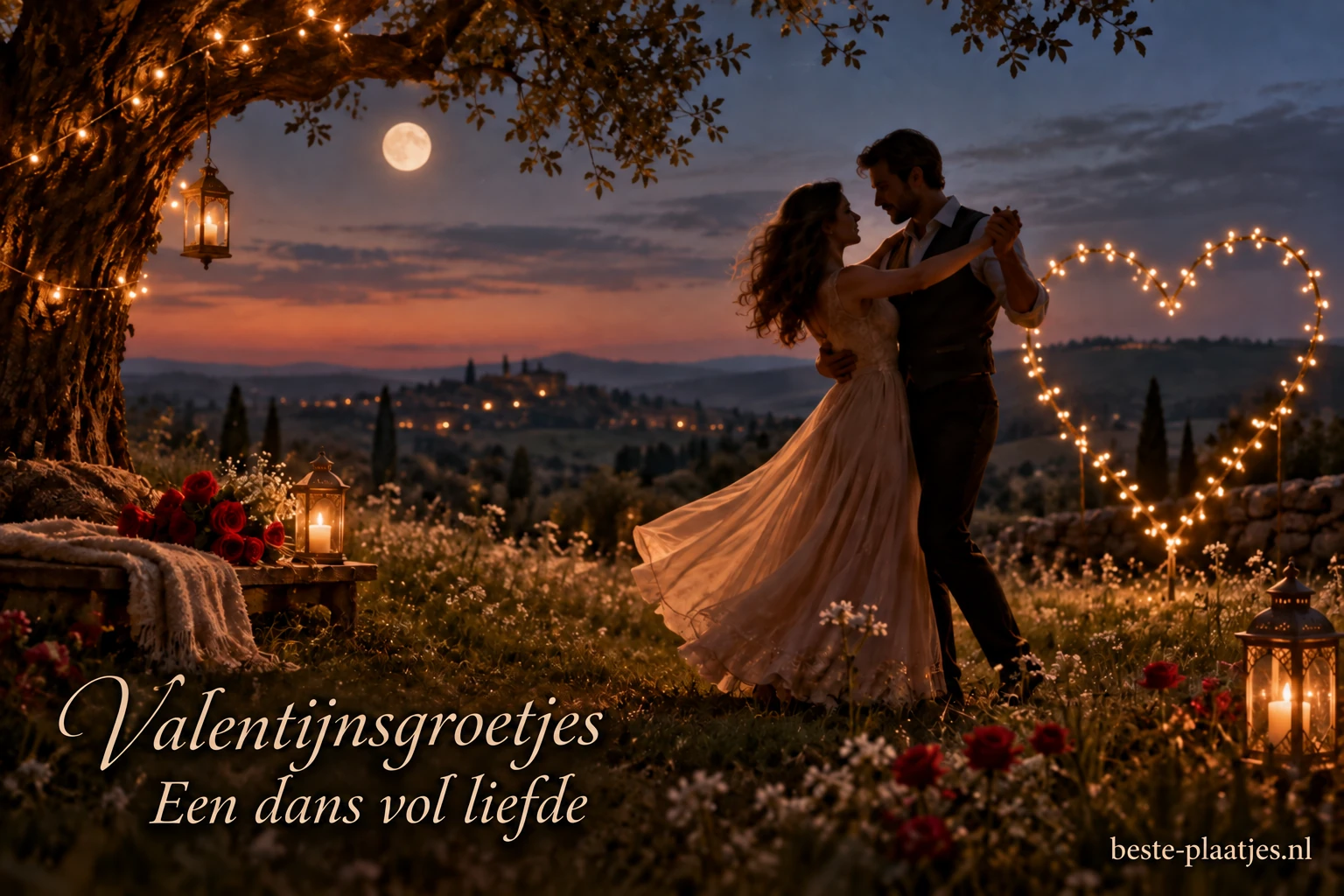 Twee geliefden dansen onder de maan, omringd door zachte lichtjes.