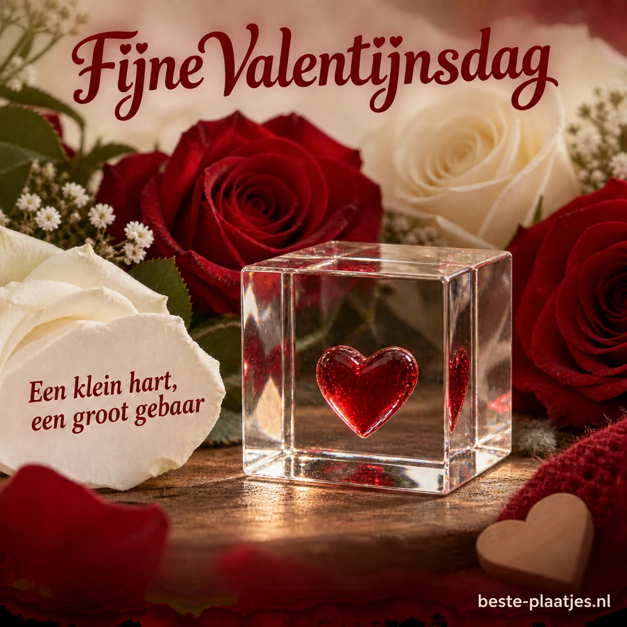Een glazen blokje met een rood hart staat tussen rode en witte rozen. Een glazen blokje met een rood hart staat tussen rode en witte rozen.