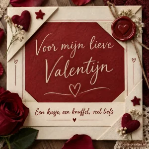 Een warme collage combineert lieve woorden met kleine hartjes.