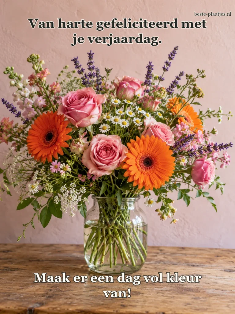 Een bont boeket met rozen, gerbera's en lavendel staat op een houten tafel.
