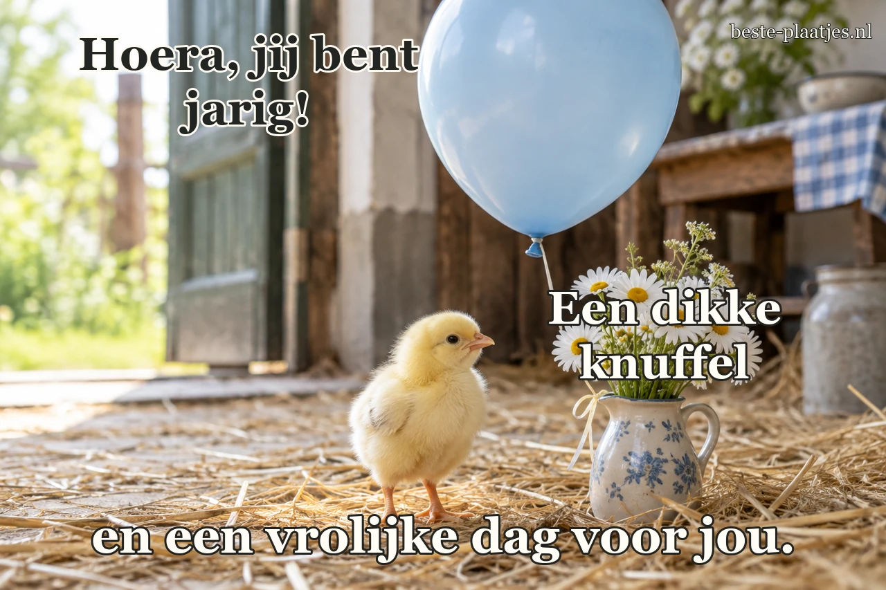Een geel kuikentje staat bij een blauwe ballon en witte margrieten.