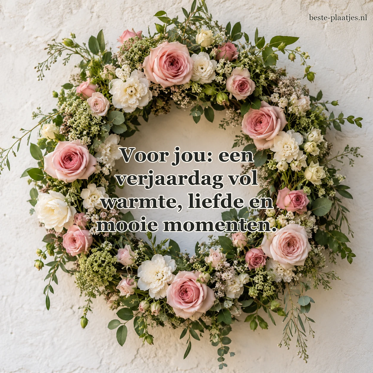 Een krans van rozen en witte bloemen hangt tegen een lichte muur. Een krans van rozen en witte bloemen hangt tegen een lichte muur.
