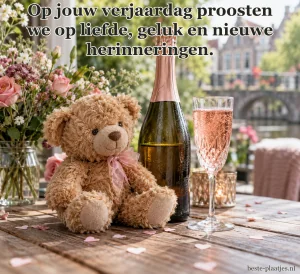 Een knuffelbeer zit bij een feestelijke fles en een roze drankje.