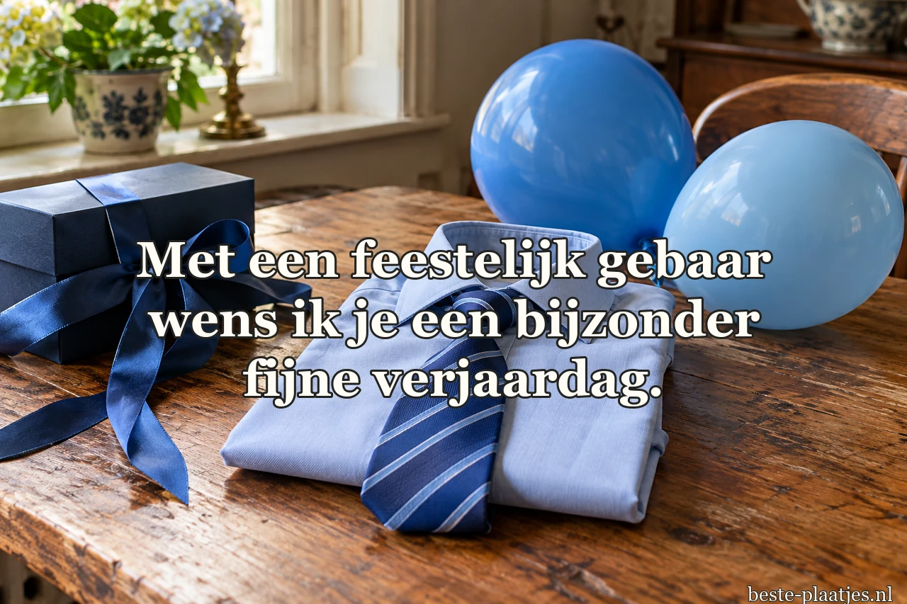 Een blauw overhemd, gestreepte das en ballonnen liggen bij een cadeau.
