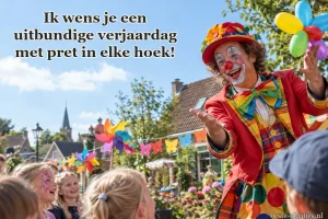 Een feestelijke clown verwelkomt kinderen op een zonnige dorpskermis.