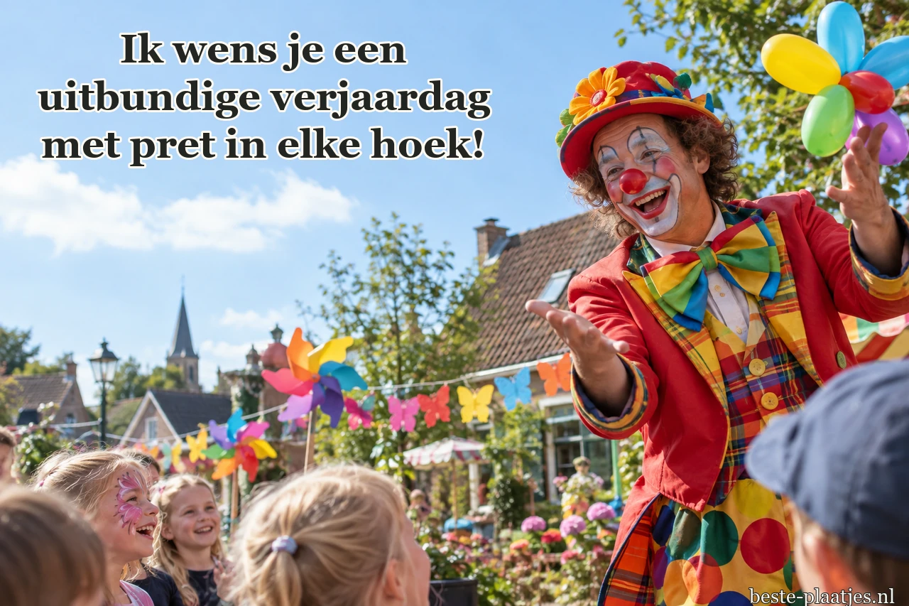Een feestelijke clown verwelkomt kinderen op een zonnige dorpskermis.