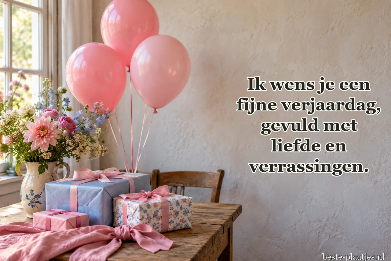 Roze ballonnen zweven boven ingepakte cadeaus en bloemen.