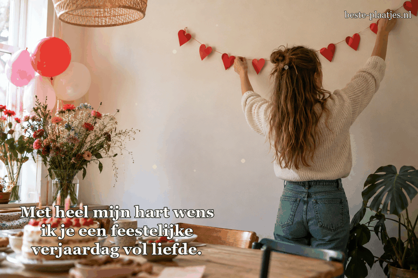 Een meisje hangt een slinger van rode papieren hartjes op. Een meisje hangt een slinger van rode papieren hartjes op.
