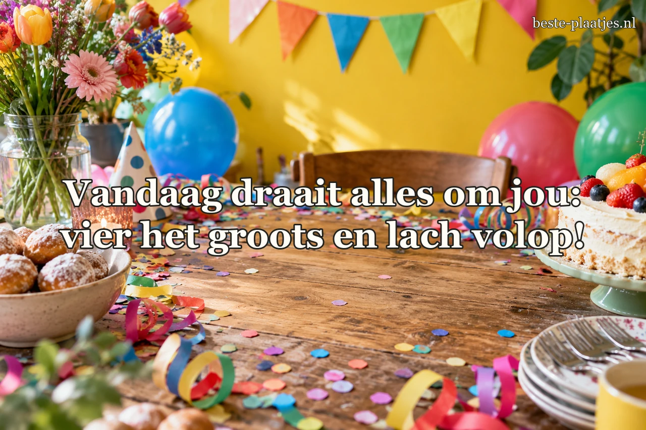 Een kleurrijke feesttafel is versierd met confetti en ballonnen.