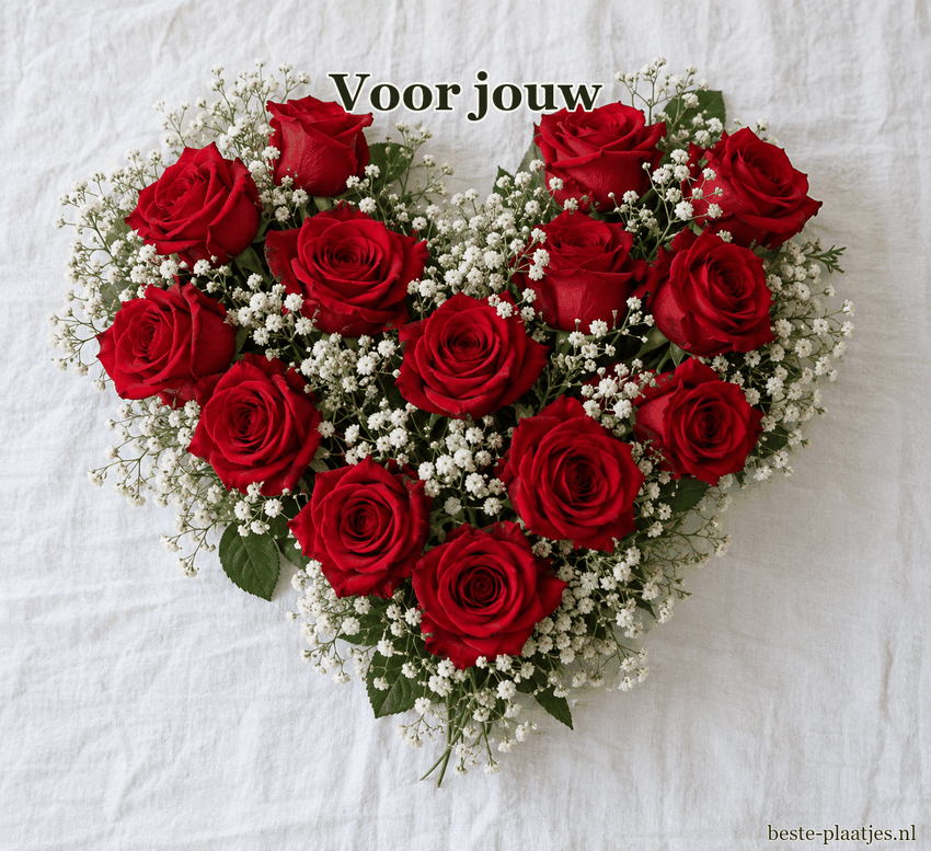 Rode rozen en gipskruid vormen een hart op een wit tafellaken.