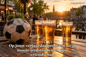 Een voetbal ligt naast glazen goudkleurig bier op een cafétafel.
