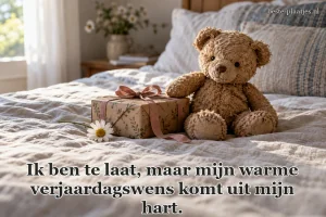 Een versleten teddybeer zit bij een ingepakt cadeau op een linnen bed.