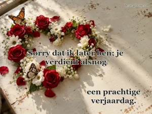 Een bloemenhart van verse rozen ligt op een lichte tafel met vlinders.