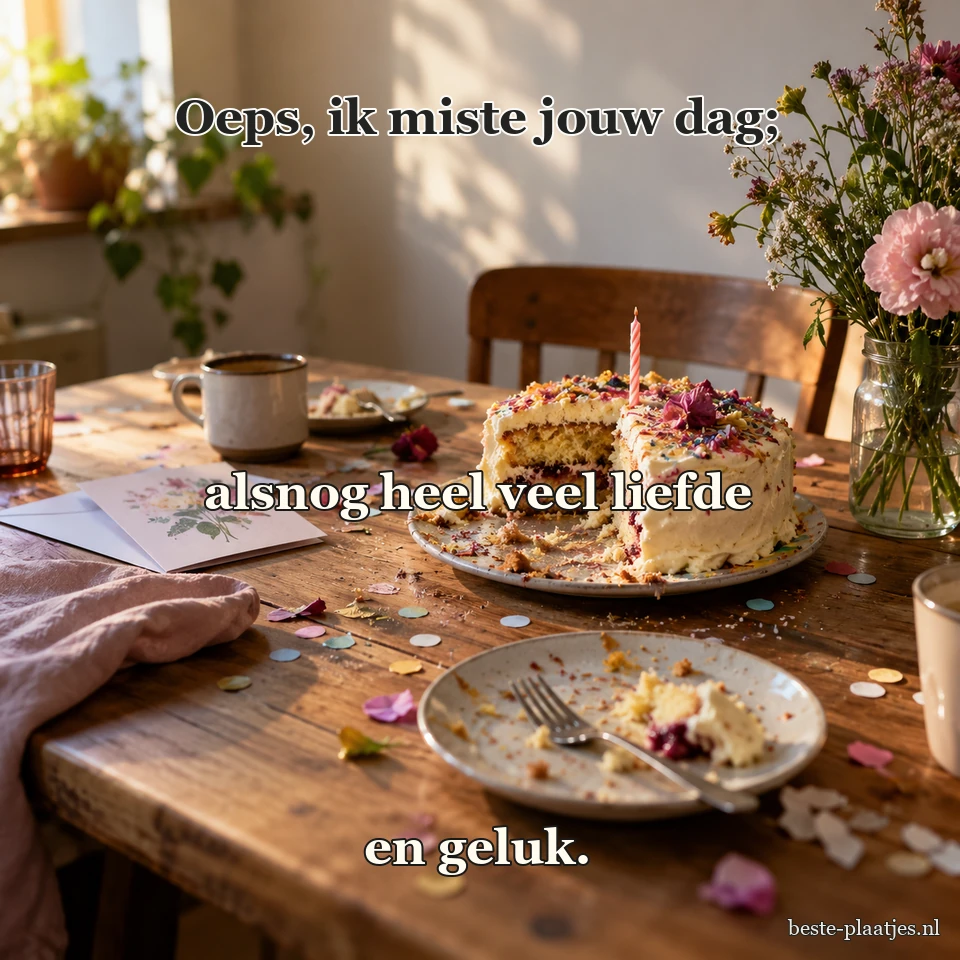Een half opgegeten verjaardagstaart staat op een tafel na het feest.