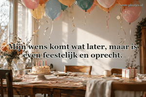 Echte verjaardagsballonnen zweven boven een bescheiden feesttafel.