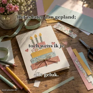 Een handgemaakte verjaardagskaart ligt tussen papieren linten en potloden.