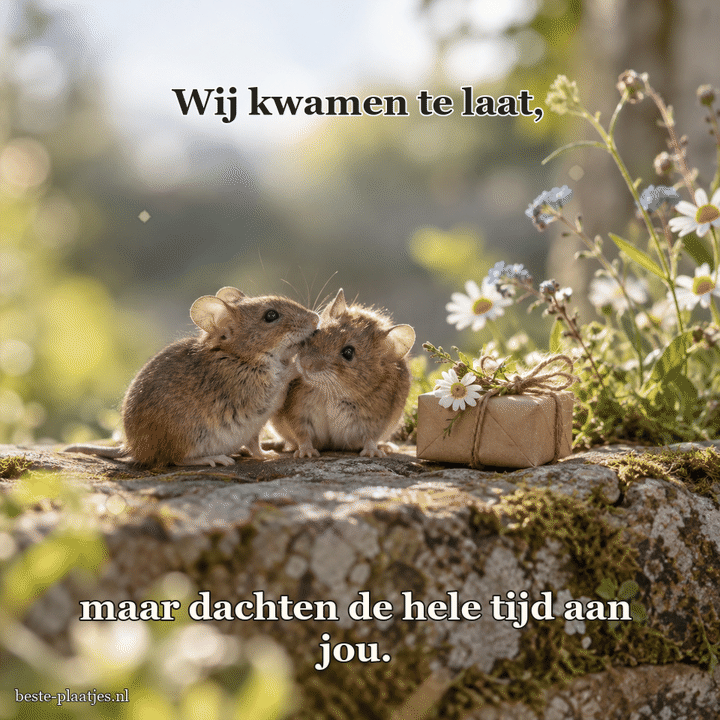 Twee veldmuizen zitten bij veldbloemen en een klein cadeautje.