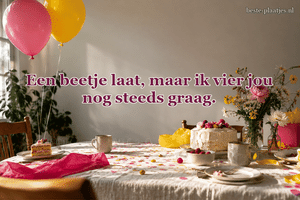 Ballonnen, taart en bloemen staan in een huiselijke feestkamer.