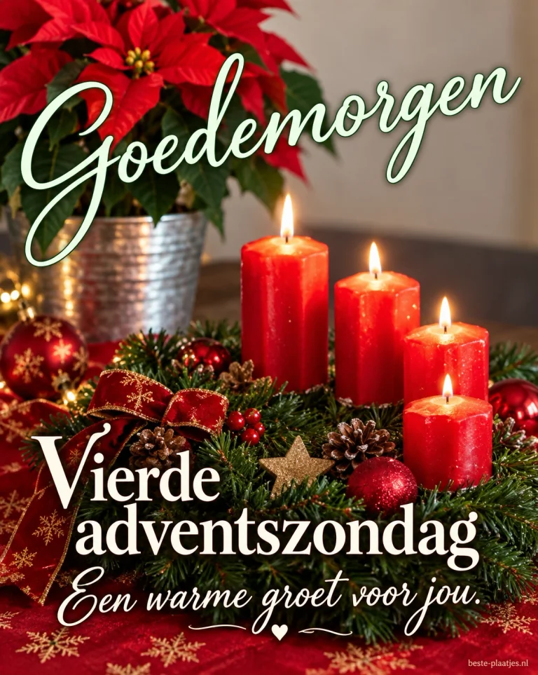 Een krans met vier rode kaarsen en een kerstster brengt een warme ochtendgroet.