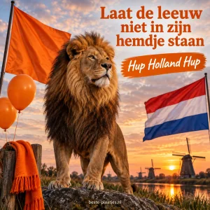 Een leeuw staat tussen oranje vlaggen en een Nederlandse driekleur.