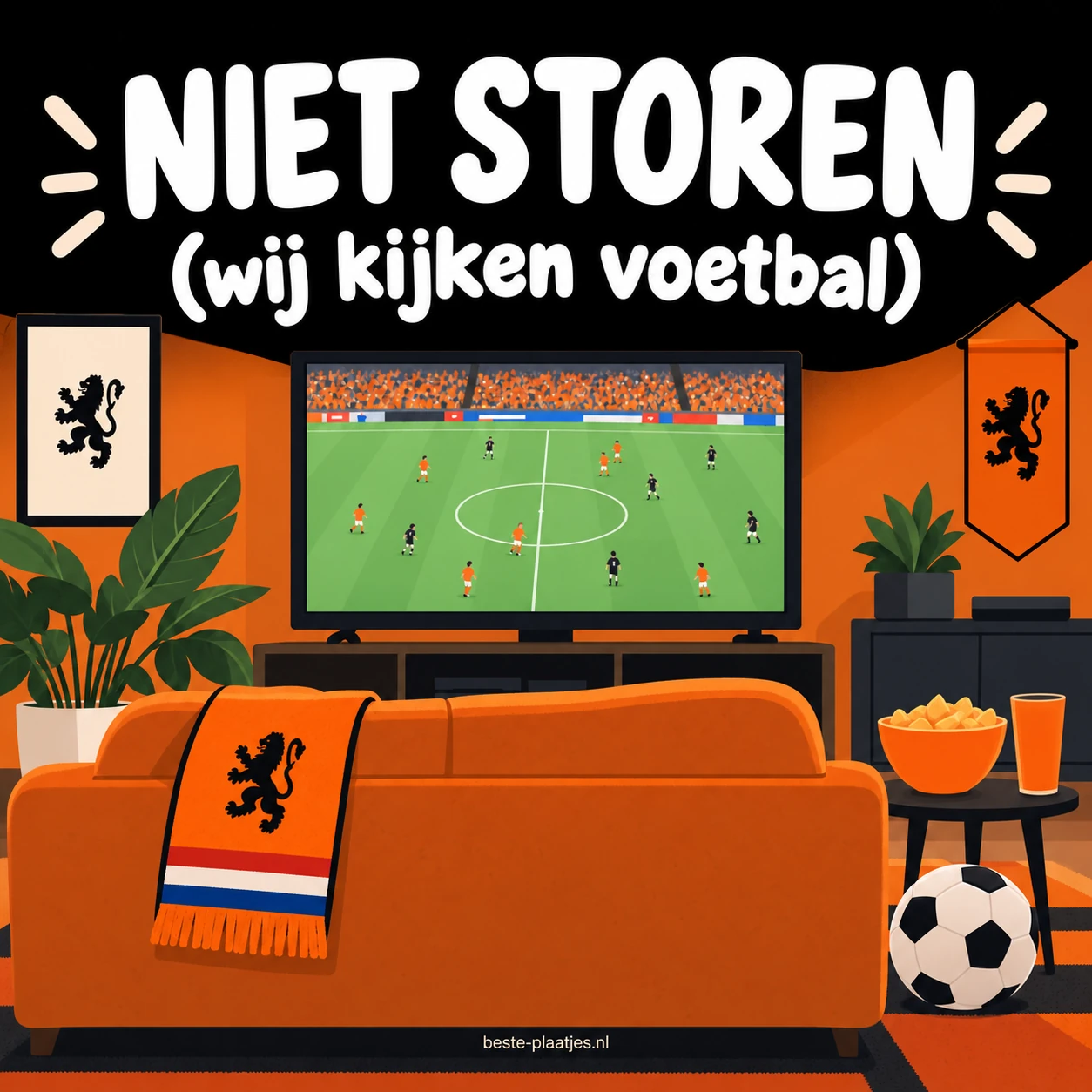 Een oranje bank staat voor een televisie waarop een voetbalwedstrijd te zien is.