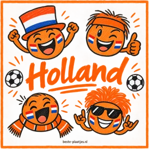 Vier getekende oranje supportersgezichten staan rond een voetbal.