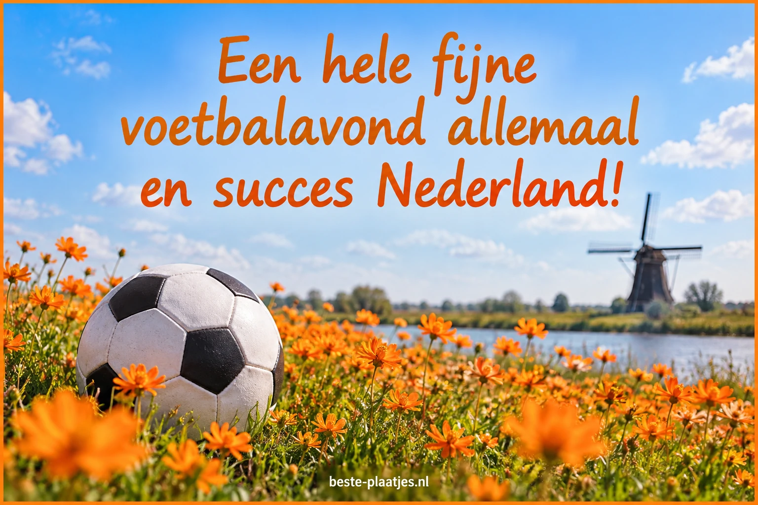 Een voetbal ligt tussen oranje veldbloemen bij een Nederlandse molen.