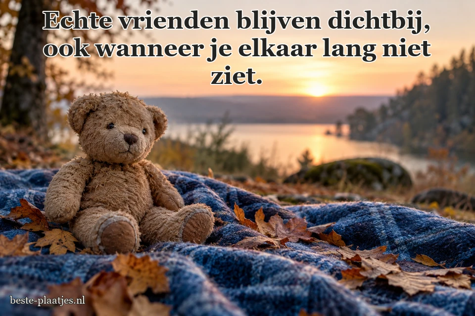 Een versleten knuffelbeer zit tussen herfstbladeren op een blauwe deken.