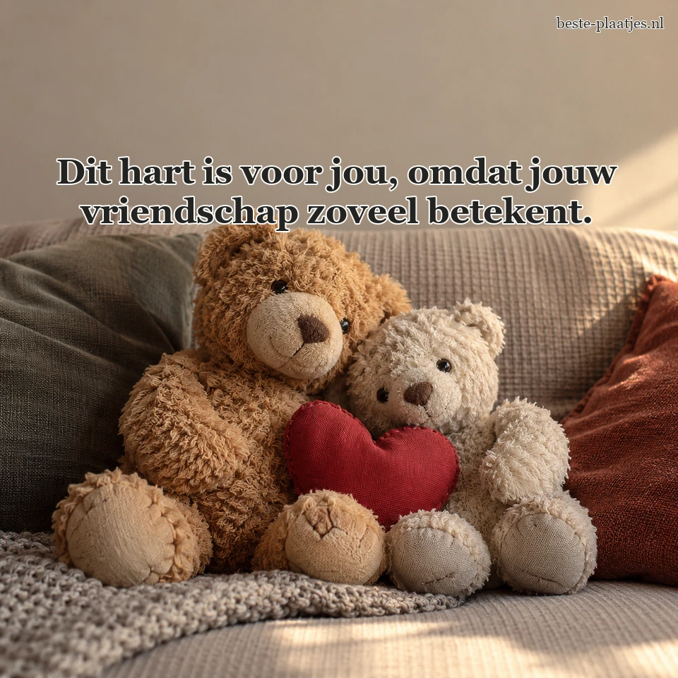 Twee versleten knuffelberen zitten met een rood stoffen hart op de bank.