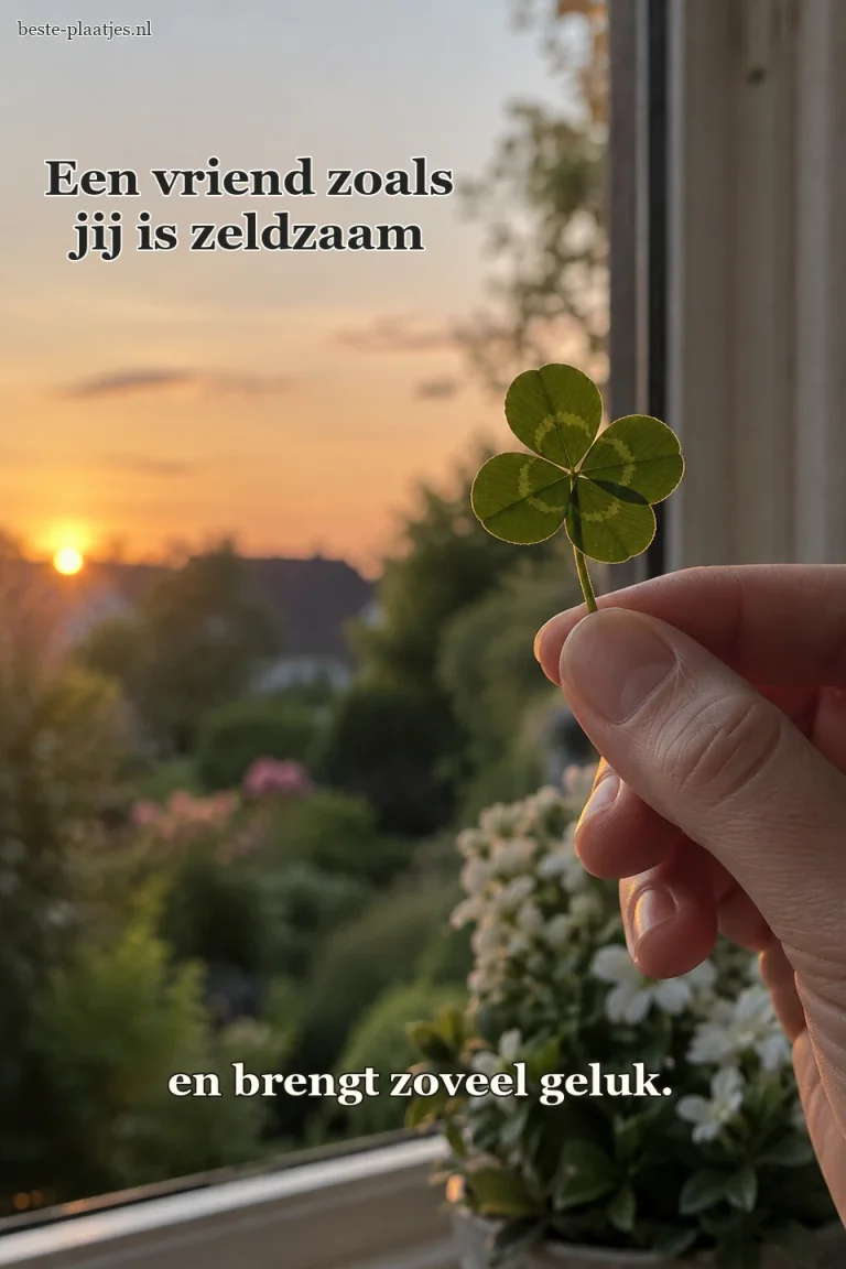 Een hand houdt een klavertjevier voor een raam in avondlicht.