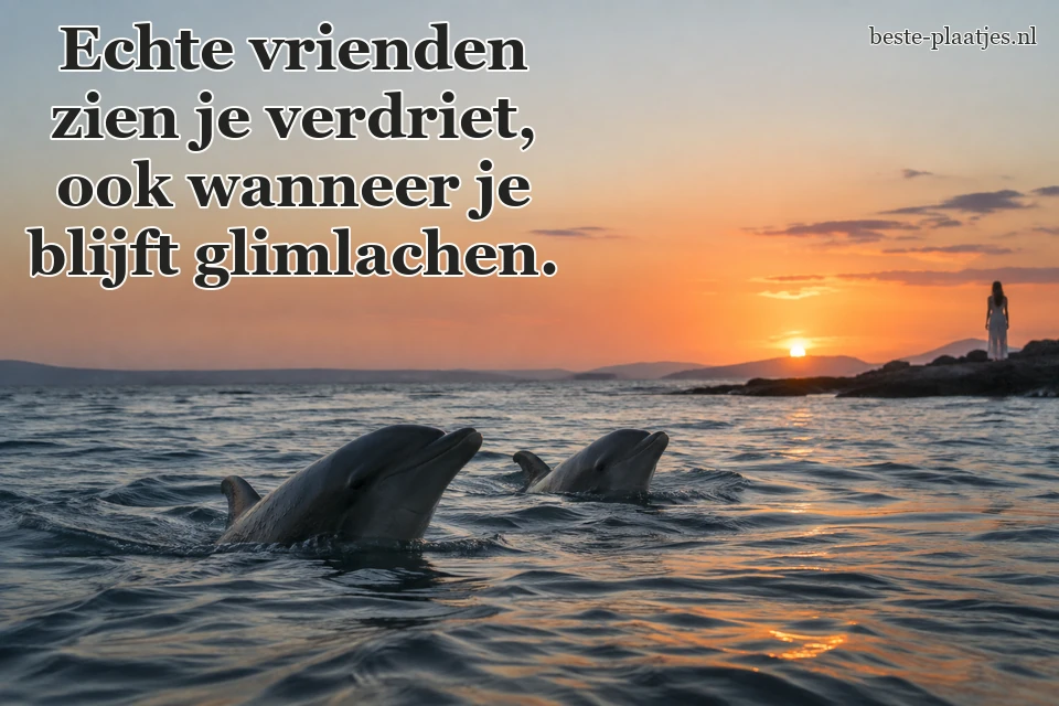 Twee dolfijnen doorbreken het zeeoppervlak in een zachte avondlucht.