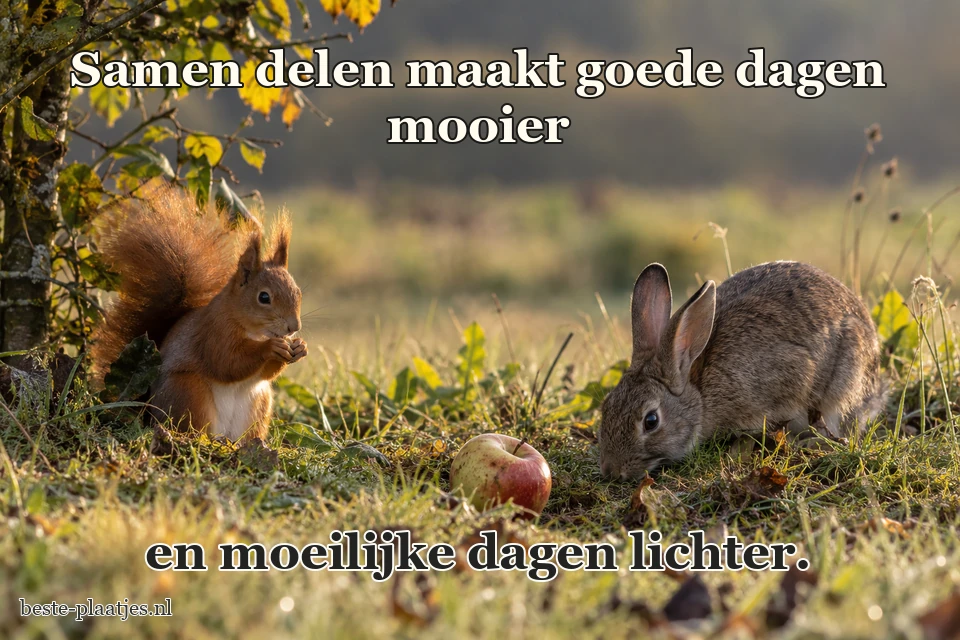 Een eekhoorn en een konijn zitten bij de rand van een weiland.
