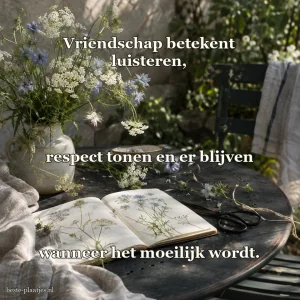Veldbloemen en een open notitieboek liggen op een oude tuintafel.