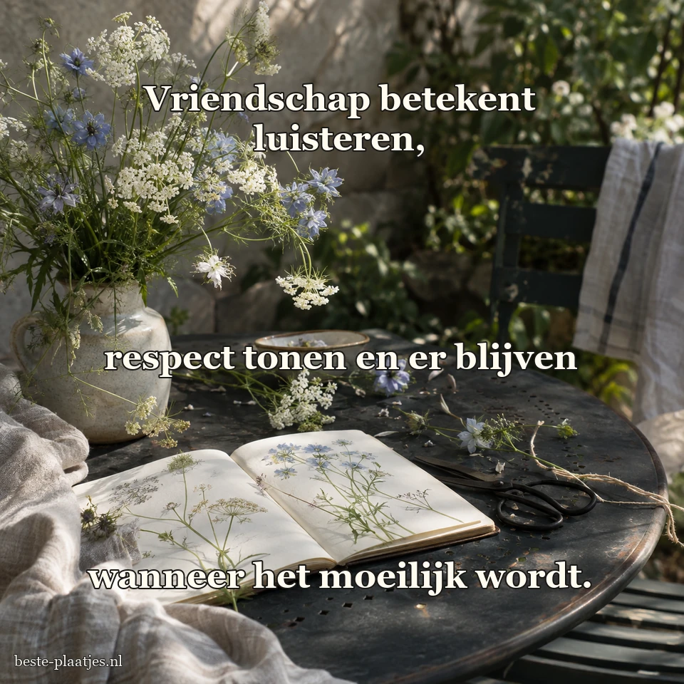 Veldbloemen en een open notitieboek liggen op een oude tuintafel.