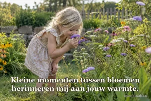 Een blond meisje ruikt aan een paarse bloem in een tuin.