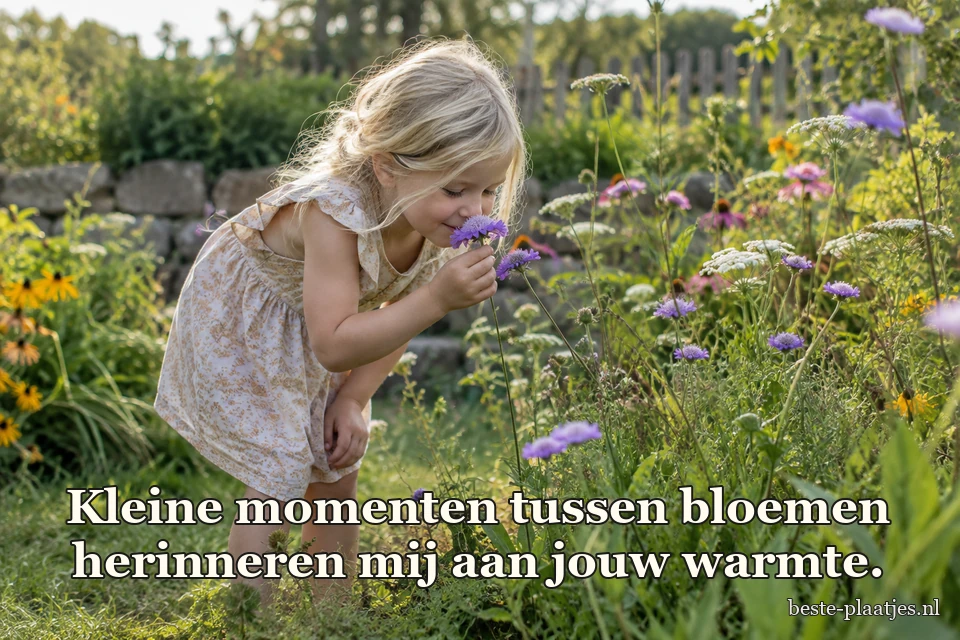 Een blond meisje ruikt aan een paarse bloem in een tuin.