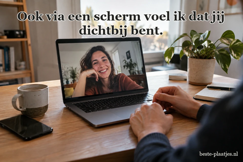 Een vriendin verschijnt tijdens een videogesprek op een laptop.