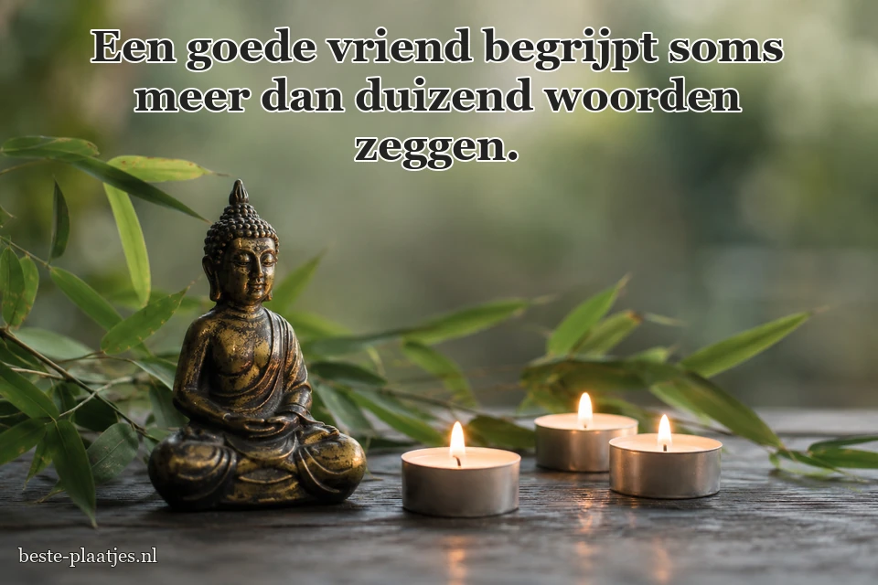 Een klein messing boeddhabeeld staat naast brandende theelichtjes.