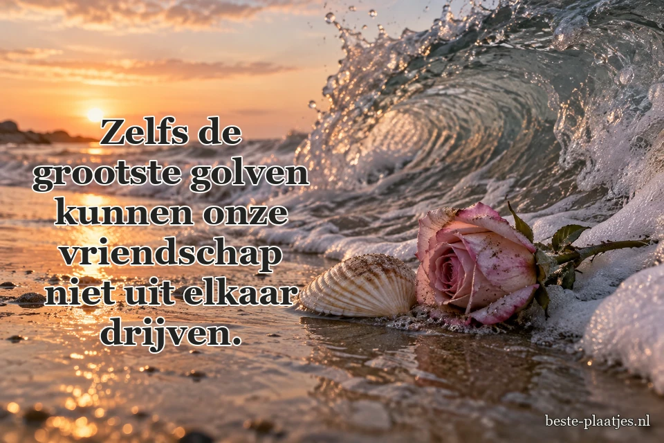 Een zeegolf rolt langs een schelp en een roze roos op nat zand.