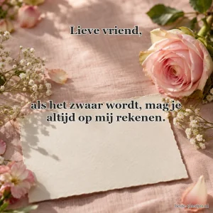 Een lege kaart ligt naast een roos en kleine bloesems op roze linnen.