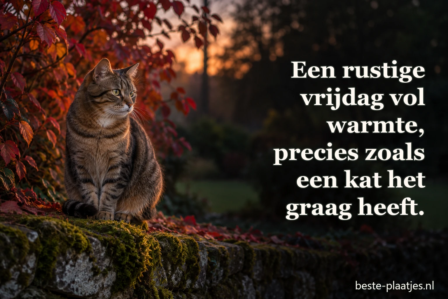 Een gestreepte kat zit op een bemoste tuinmuur tussen herfstbladeren.