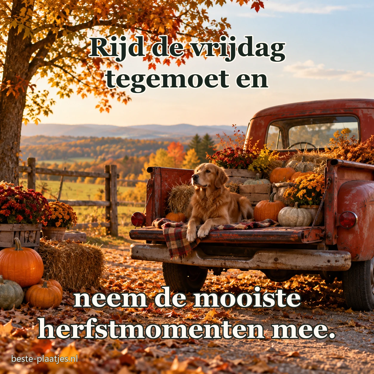 Een oude pick-up staat met pompoenen langs een landelijke herfstroute.