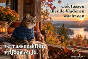 Een kat met blauwe sjaal zit tussen dekens en herfstbladeren.