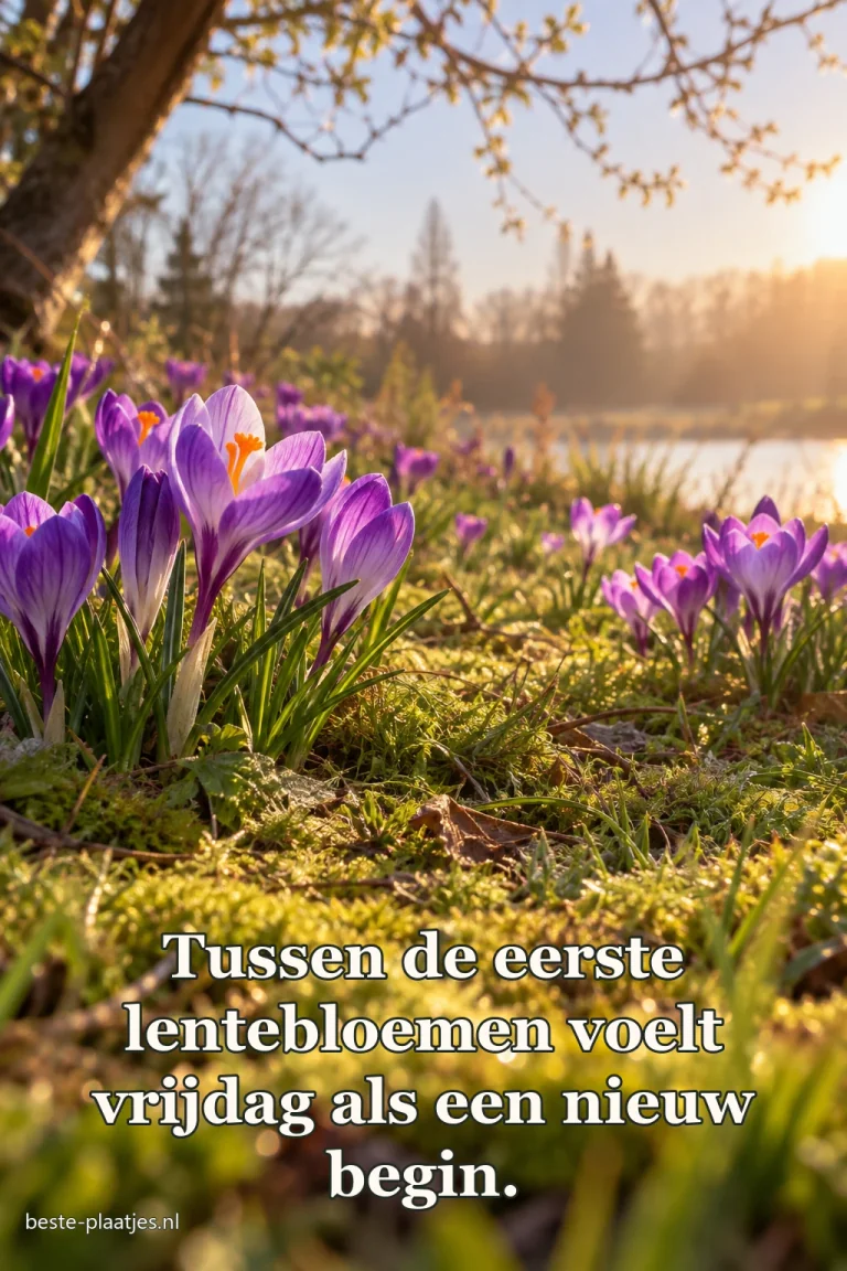 Paarse krokussen bloeien in het gras onder een lichte hemel.