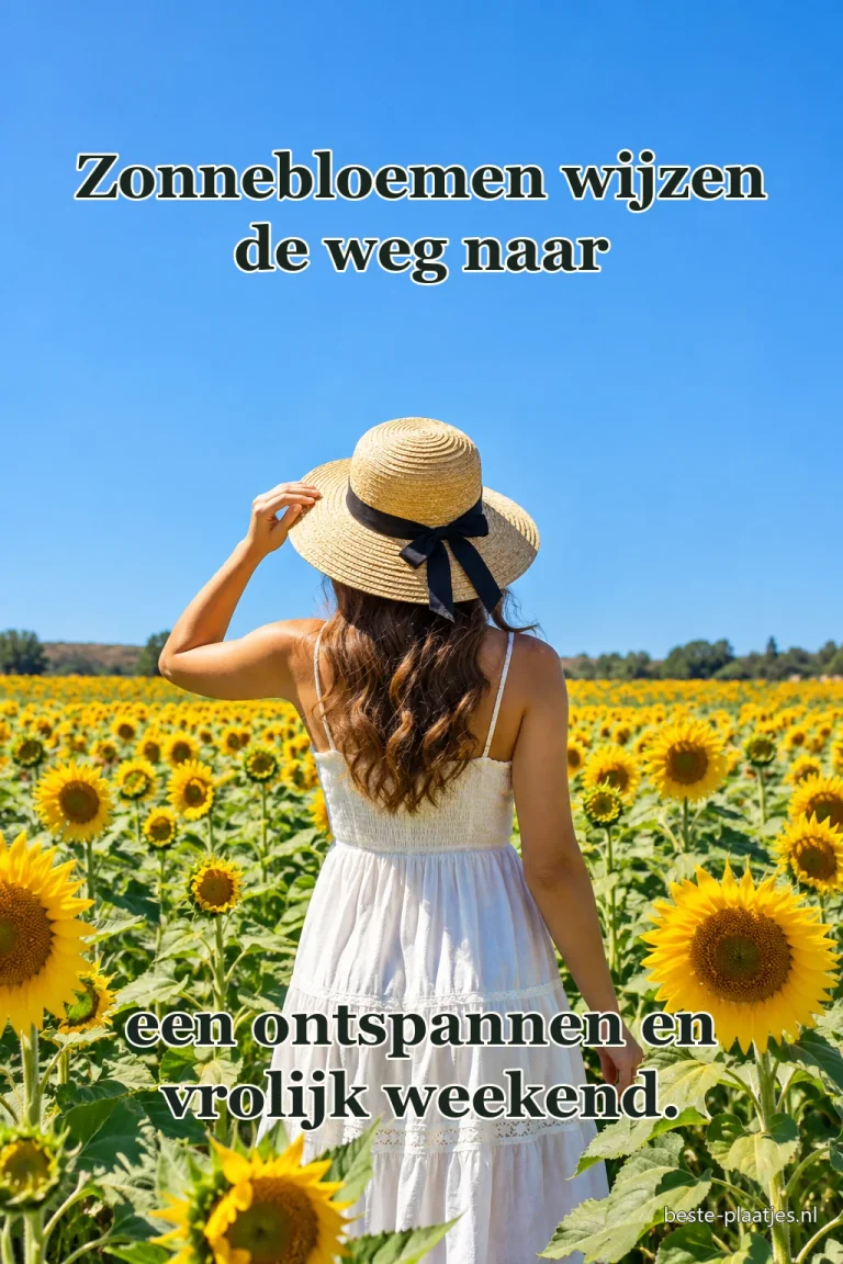 Een vrouw staat tussen zonnebloemen onder een blauwe middaghemel.